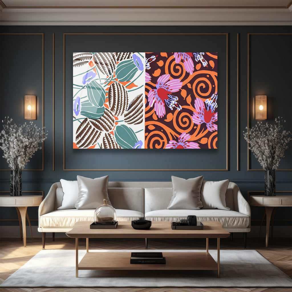 Art Nouveau Çifte Desen Botanik ve Çiçekli Modern Cam Tablo