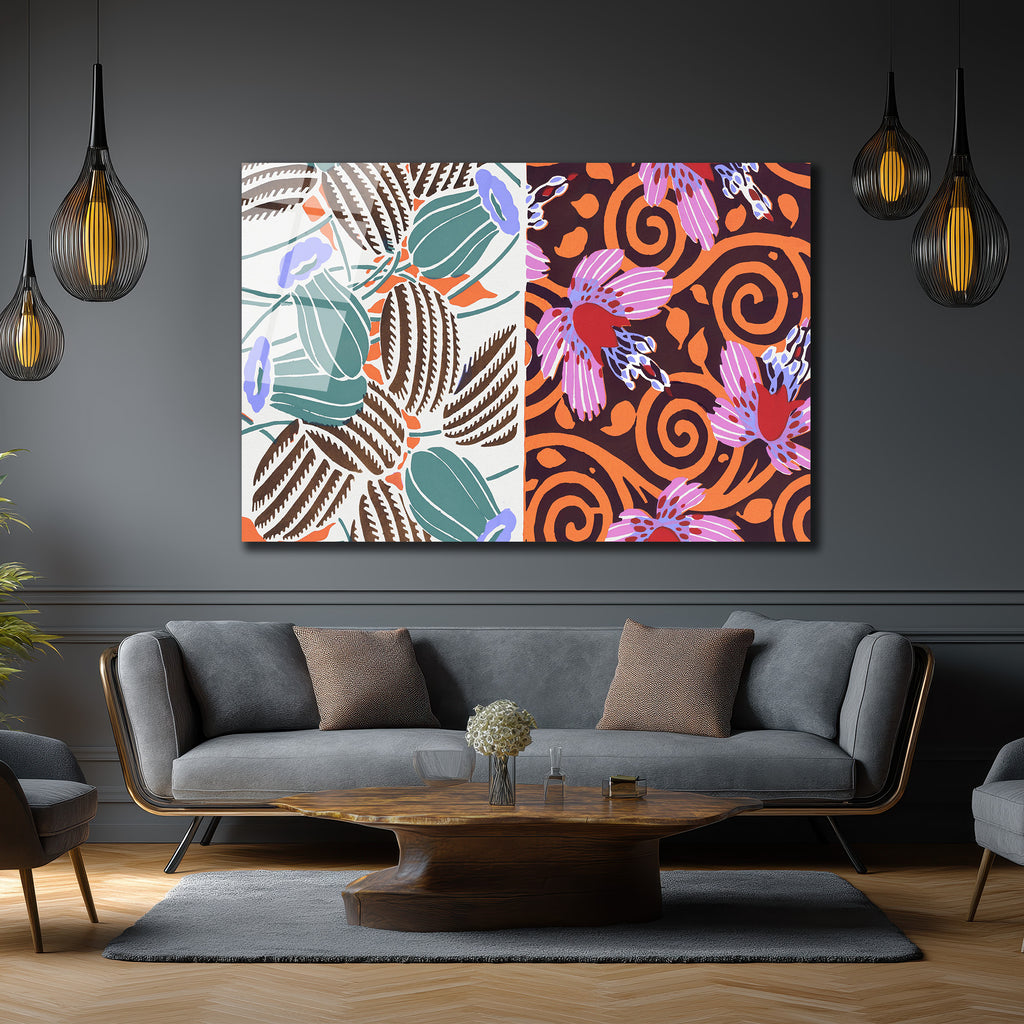 Art Nouveau Çifte Desen Botanik ve Çiçekli Modern Cam Tablo
