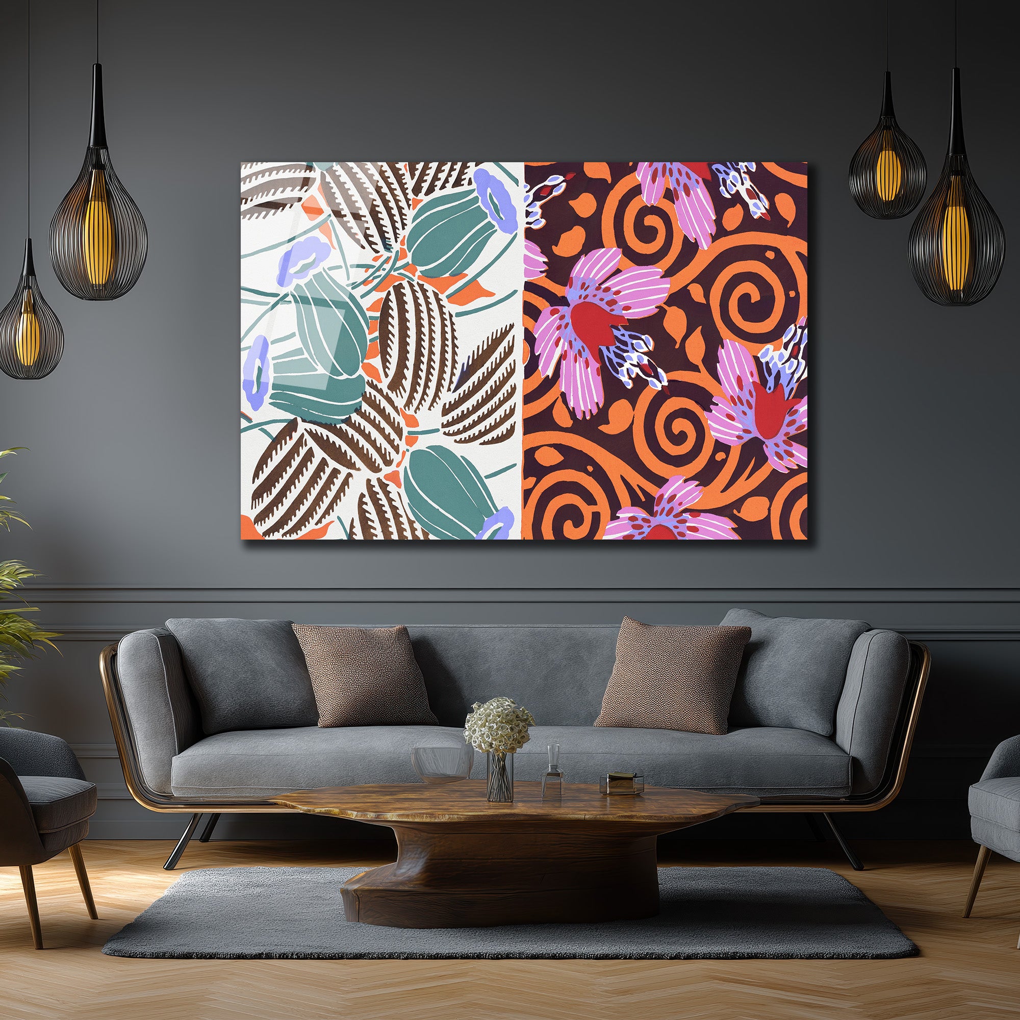 Art Nouveau Çifte Desen Botanik ve Çiçekli Modern Cam Tablo