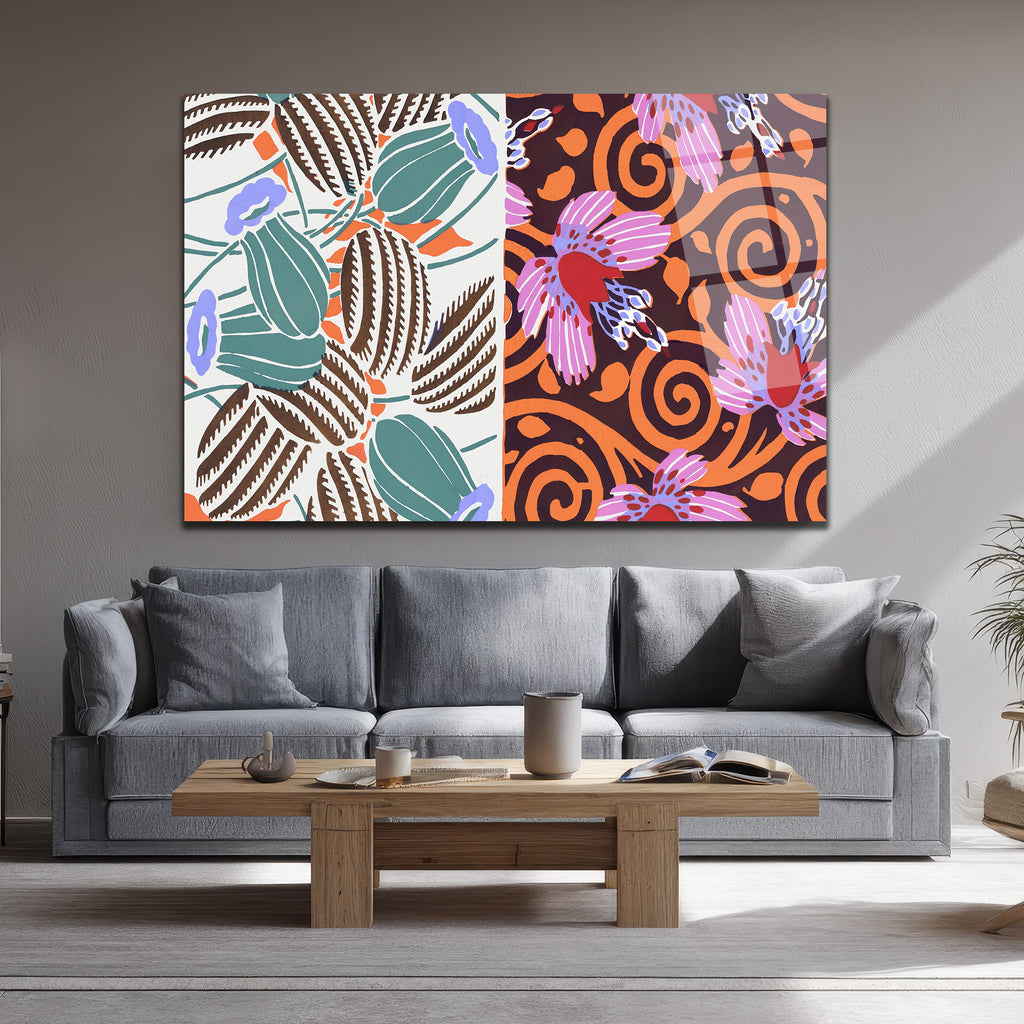 Art Nouveau Çifte Desen Botanik ve Çiçekli Modern Cam Tablo