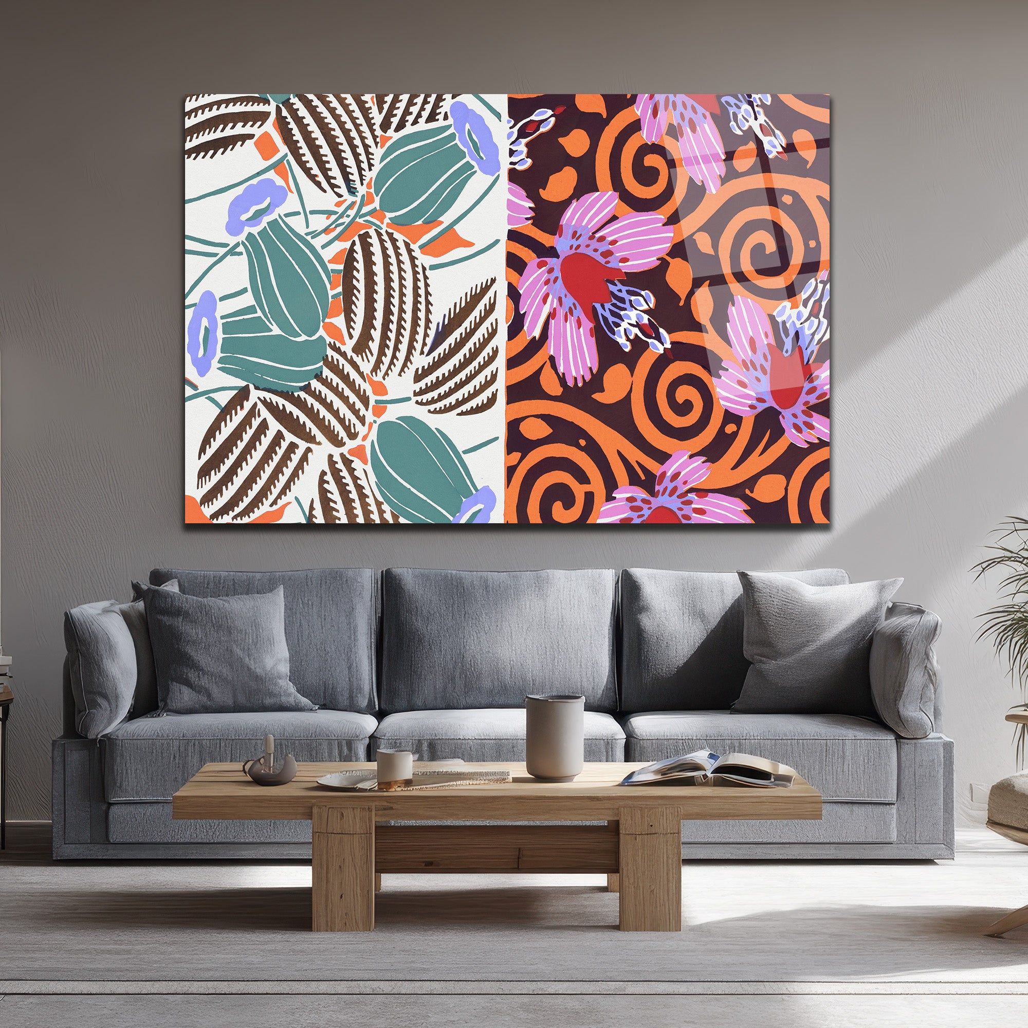Art Nouveau Çifte Desen Botanik ve Çiçekli Modern Cam Tablo