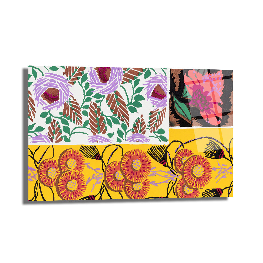 Canlı Floral Desenler Kolajı Cam Tablo