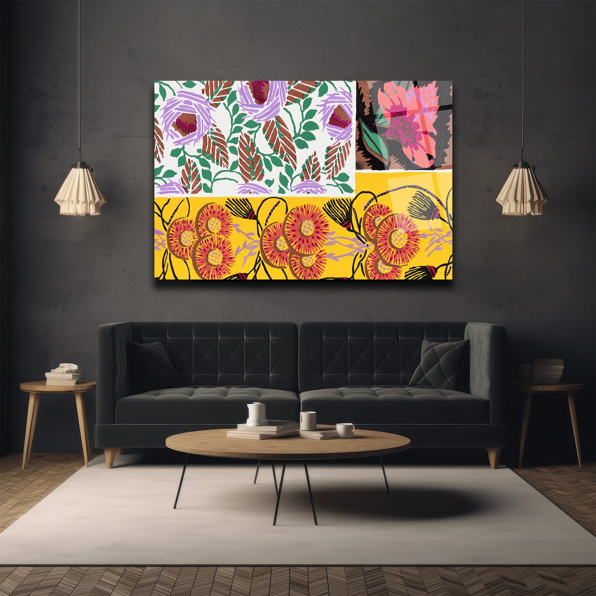Canlı Floral Desenler Kolajı Cam Tablo