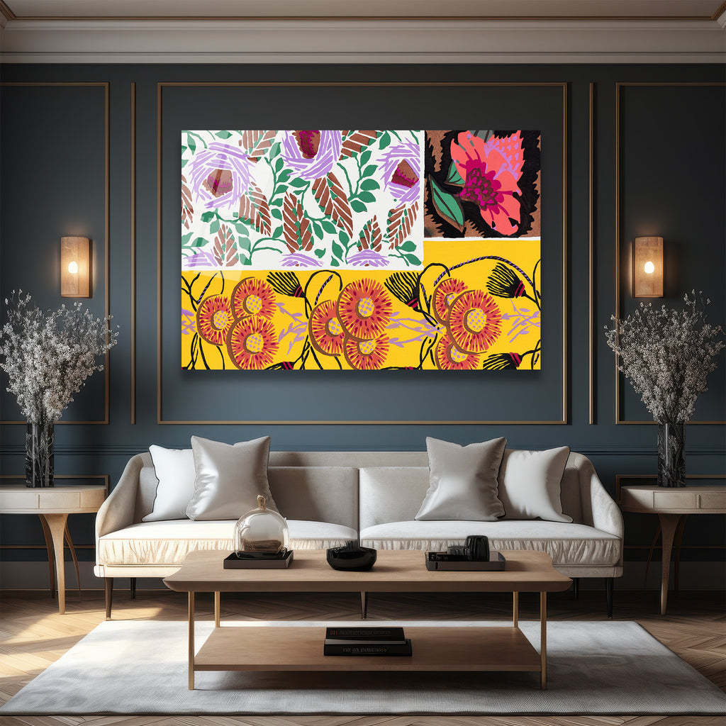 Canlı Floral Desenler Kolajı Cam Tablo