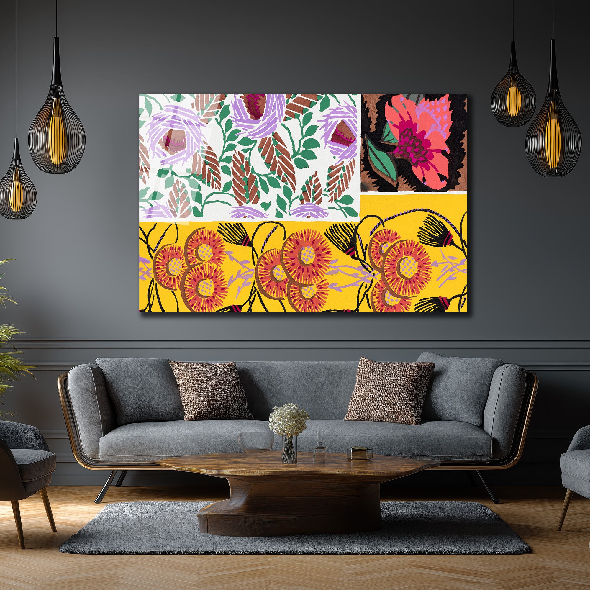 Canlı Floral Desenler Kolajı Cam Tablo