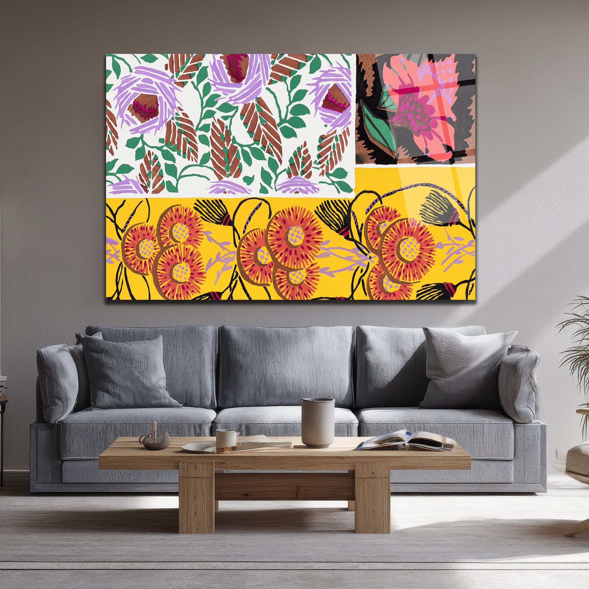 Canlı Floral Desenler Kolajı Cam Tablo