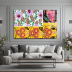 Canlı Floral Desenler Kolajı Cam Tablo