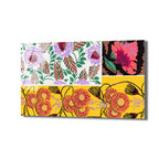 Farklı floral desenlerin bir araya geldiği, mor, pembe, yeşil, sarı, kahverengi ve siyah tonlarında çiçek motifleri içeren, modern ve canlı bir cam tablo.