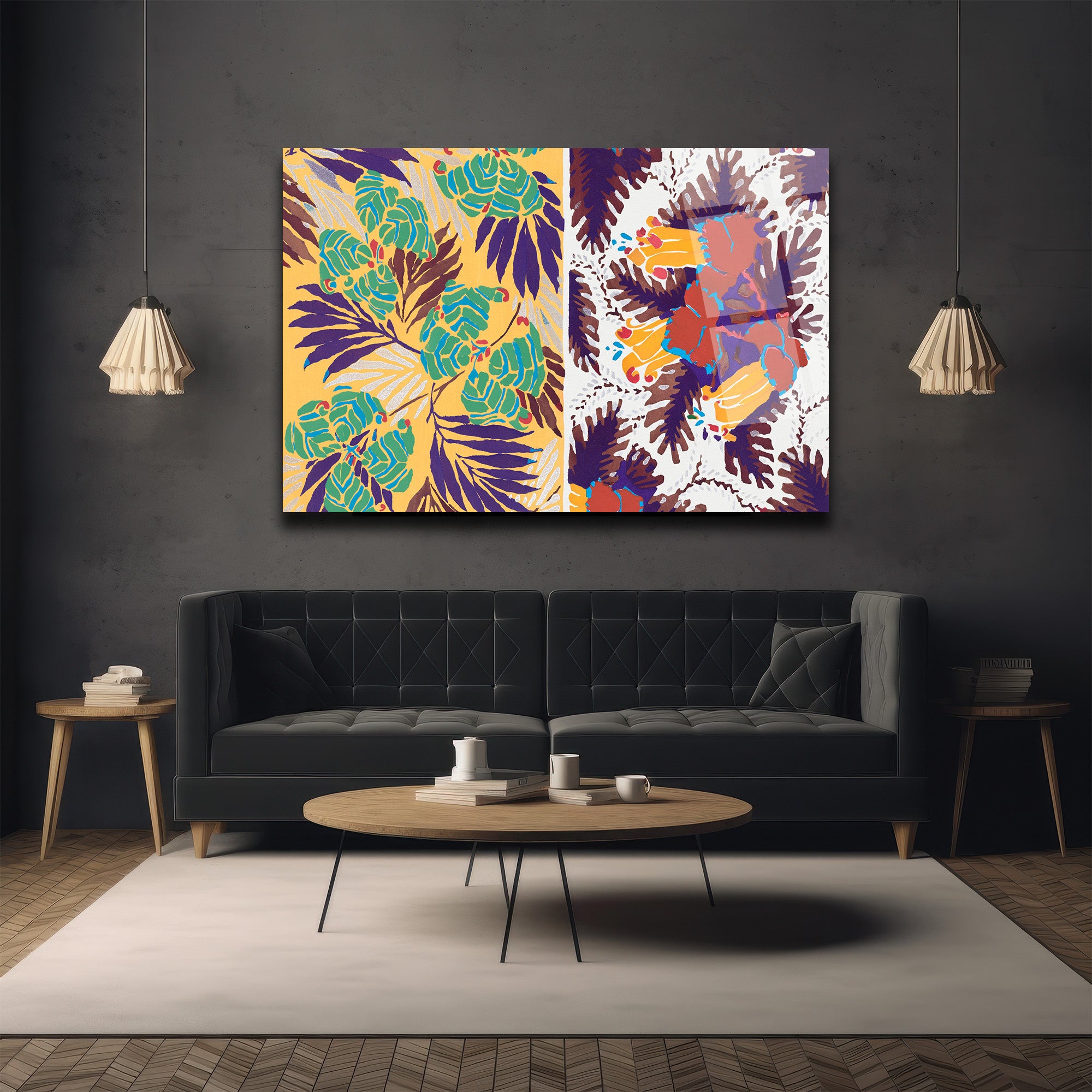 Canlı Botanik Desenli Modern Sanat Cam Tablo