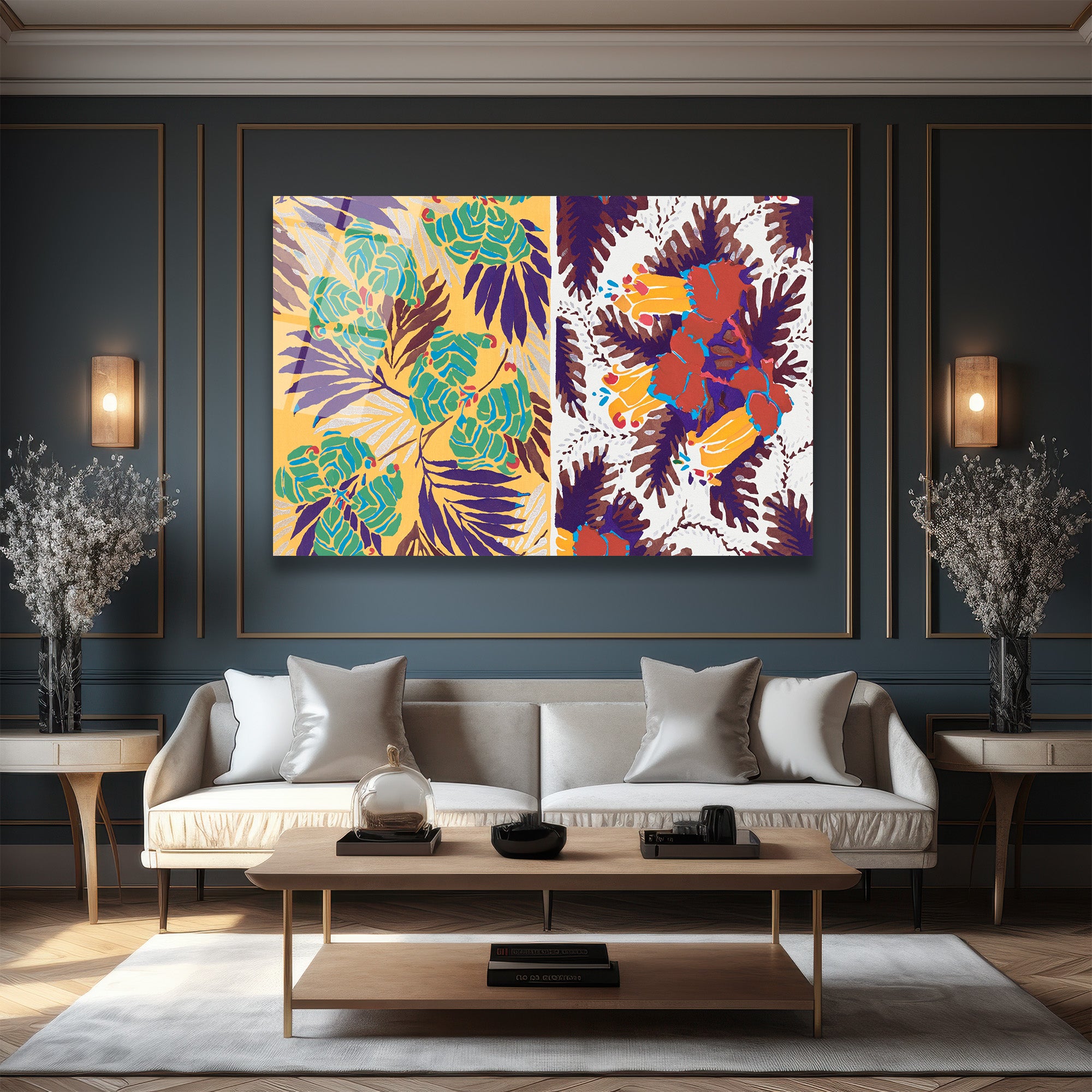 Canlı Botanik Desenli Modern Sanat Cam Tablo