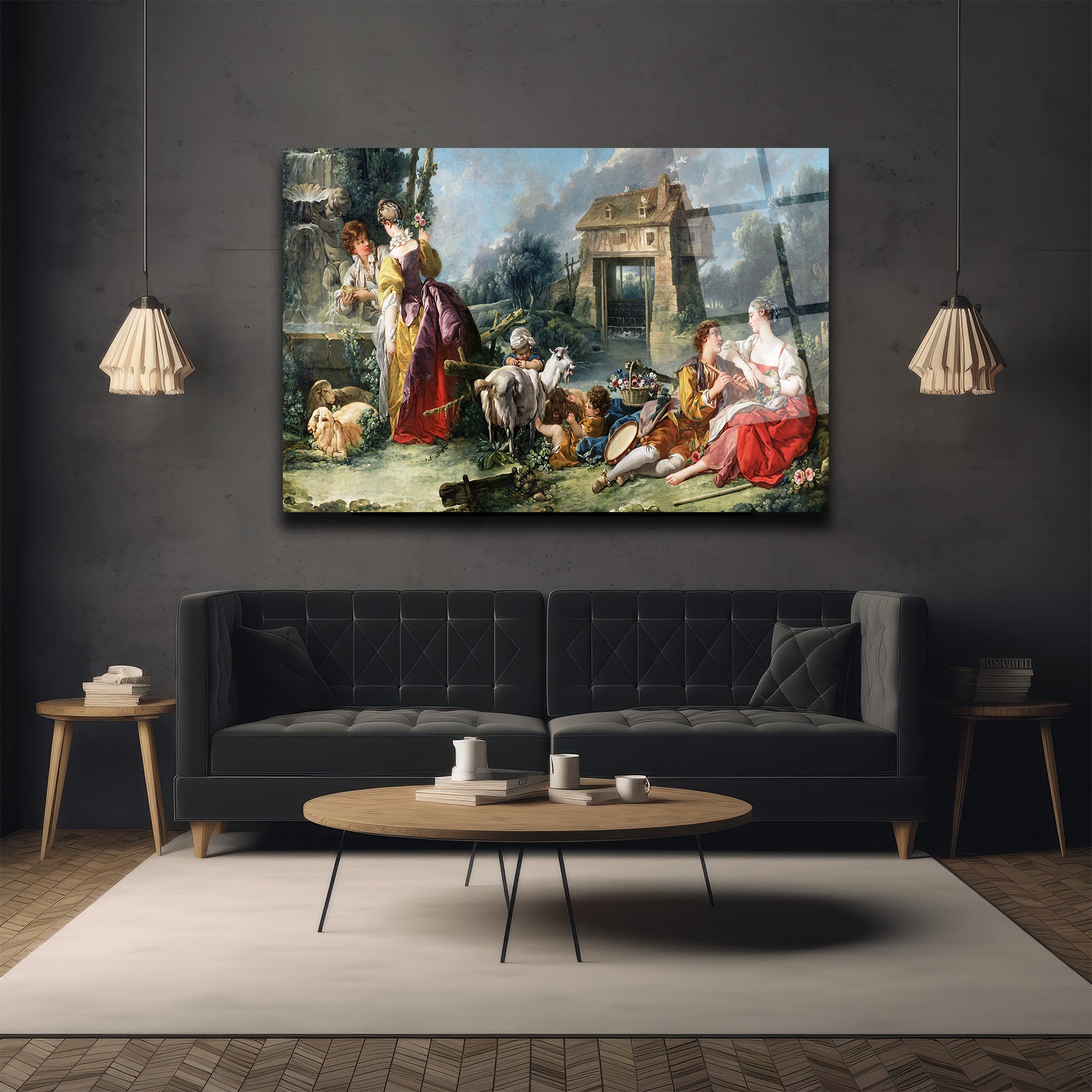 Rococo Pastoral Sahne Cam Tablo - Romantik Köy Hayatı Duvar Sanatı