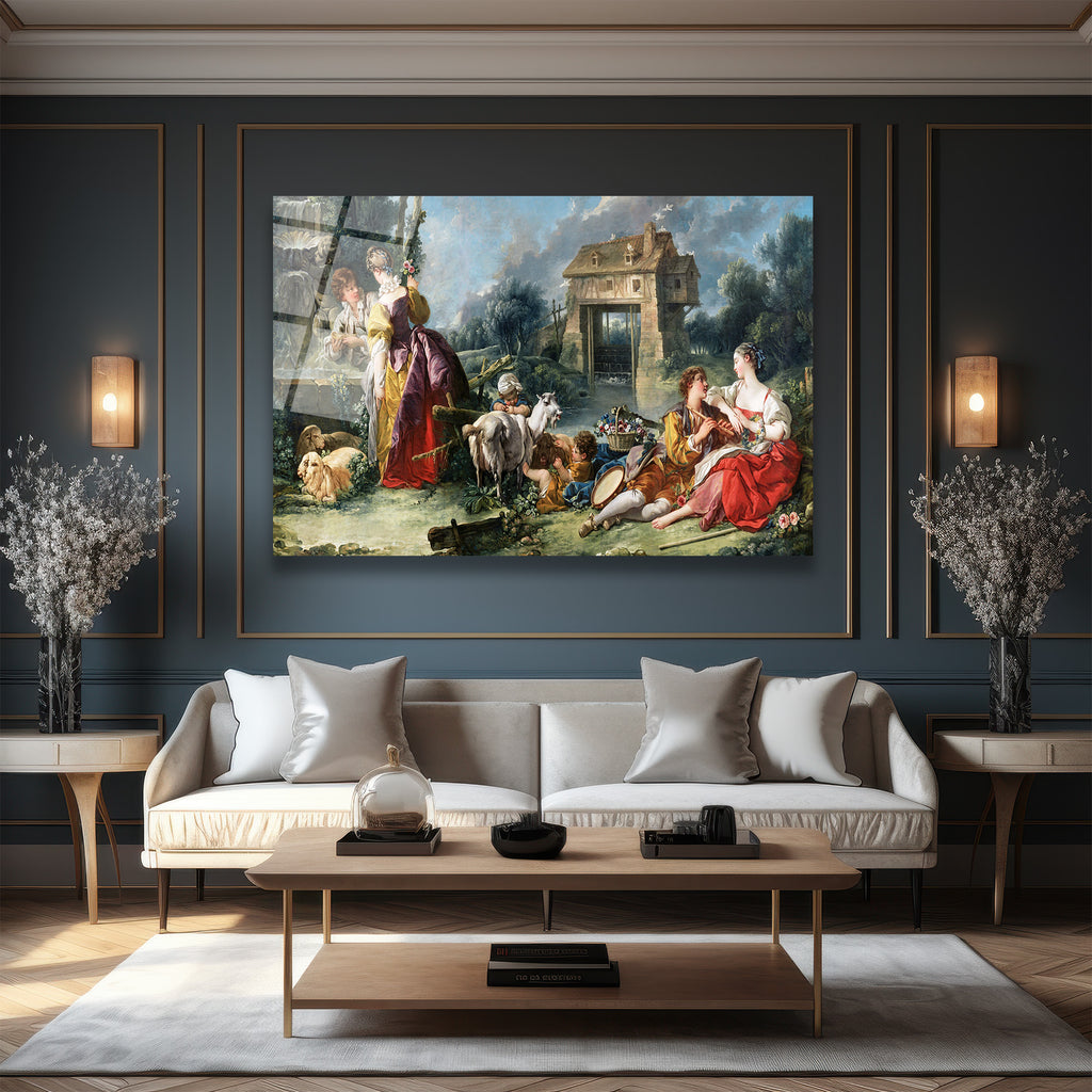 Rococo Pastoral Sahne Cam Tablo - Romantik Köy Hayatı Duvar Sanatı