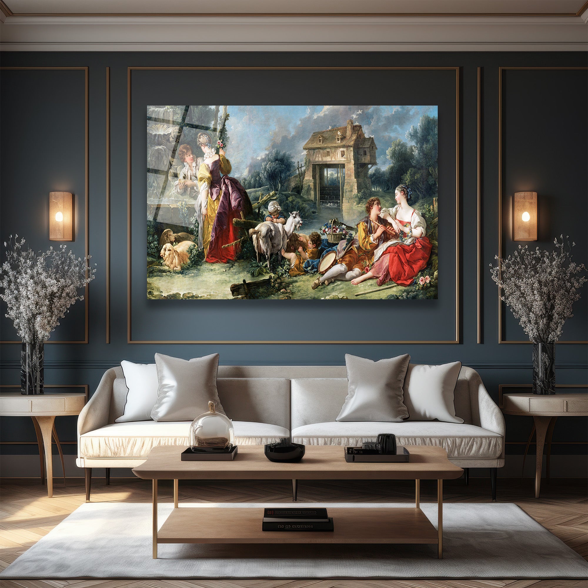 Rococo Pastoral Sahne Cam Tablo - Romantik Köy Hayatı Duvar Sanatı