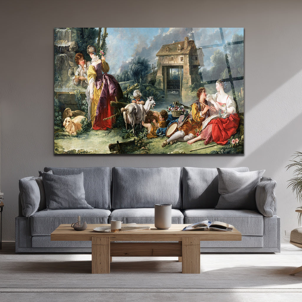 Rococo Pastoral Sahne Cam Tablo - Romantik Köy Hayatı Duvar Sanatı