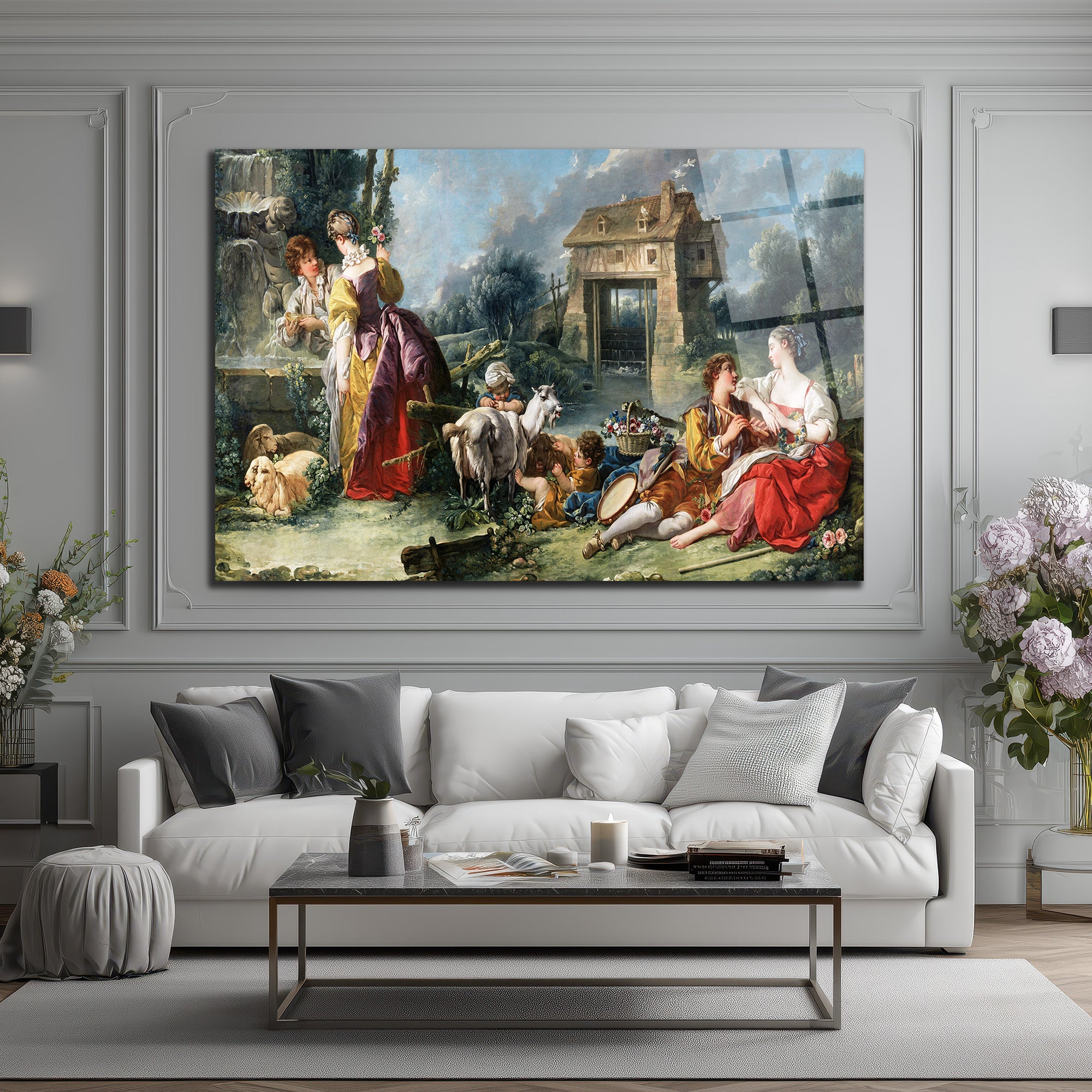 Rococo Pastoral Sahne Cam Tablo - Romantik Köy Hayatı Duvar Sanatı