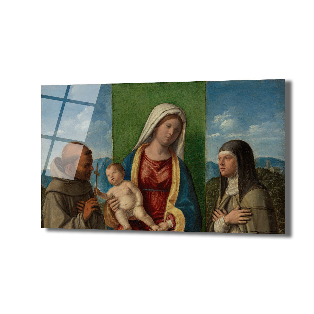 Rönesans dönemine ait, merkezde Meryem Ana'nın kucağında Çocuk İsa'yı tuttuğu, solunda elinde haç tutan bir aziz (muhtemelen Aziz Francis), sağında ise bir kadın azizenin yer aldığı dini temalı yağlı boya tablo. Arkada yeşil bir fon ve şehir manzarası bulunmaktadır.