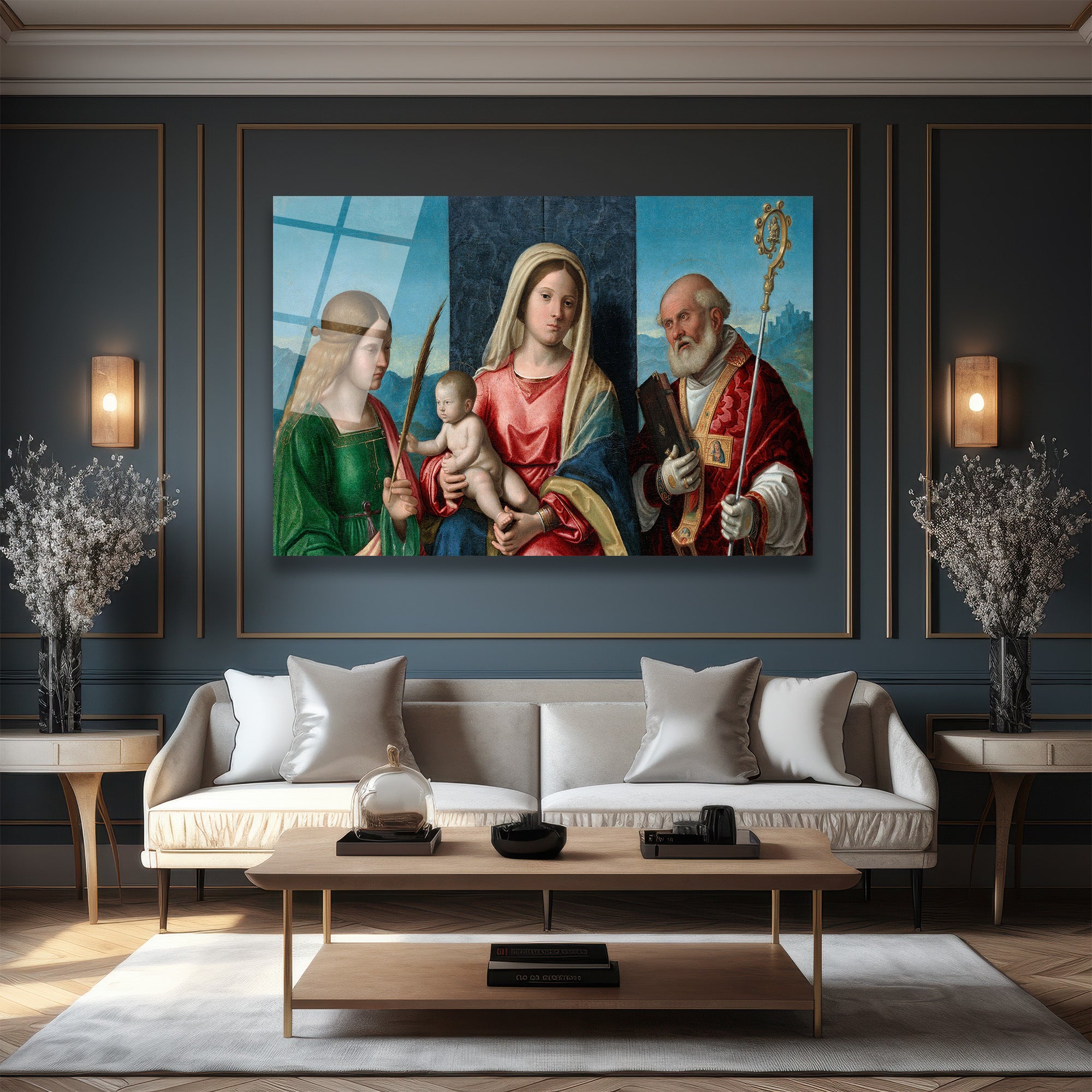 Rönesans İhtişamıyla Meryem Ana ve Azizler Cam Tablo