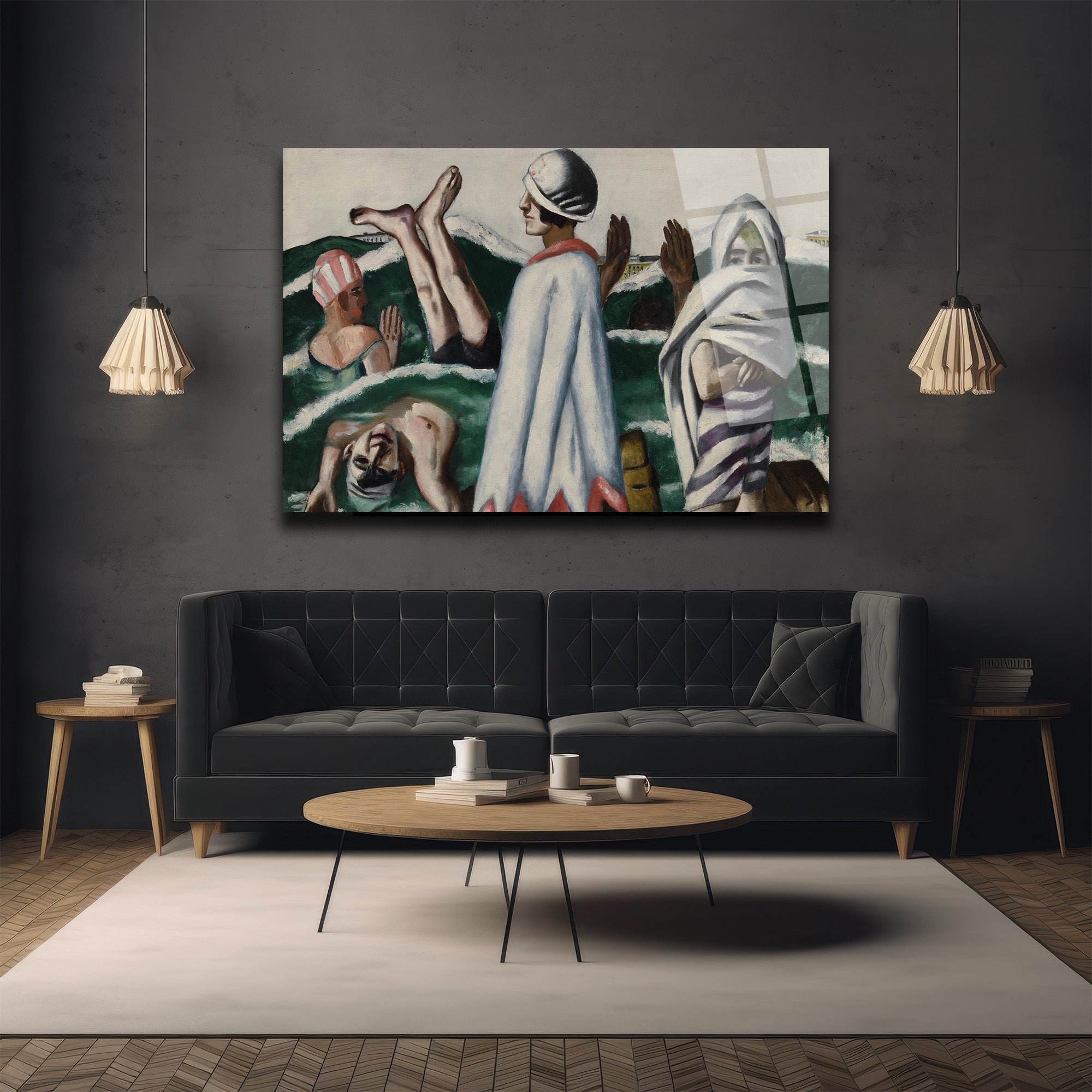 Yüzücüler ve Deniz: Modern Sanat Cam Tablo