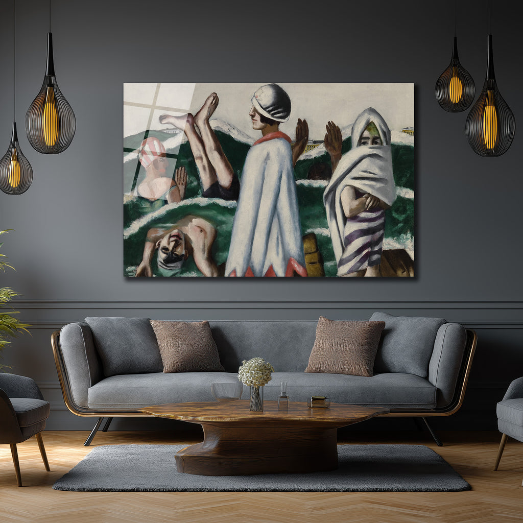 Yüzücüler ve Deniz: Modern Sanat Cam Tablo