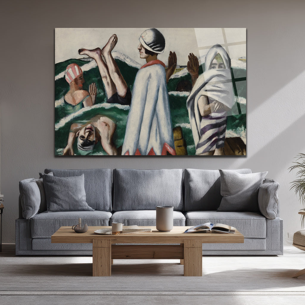Yüzücüler ve Deniz: Modern Sanat Cam Tablo
