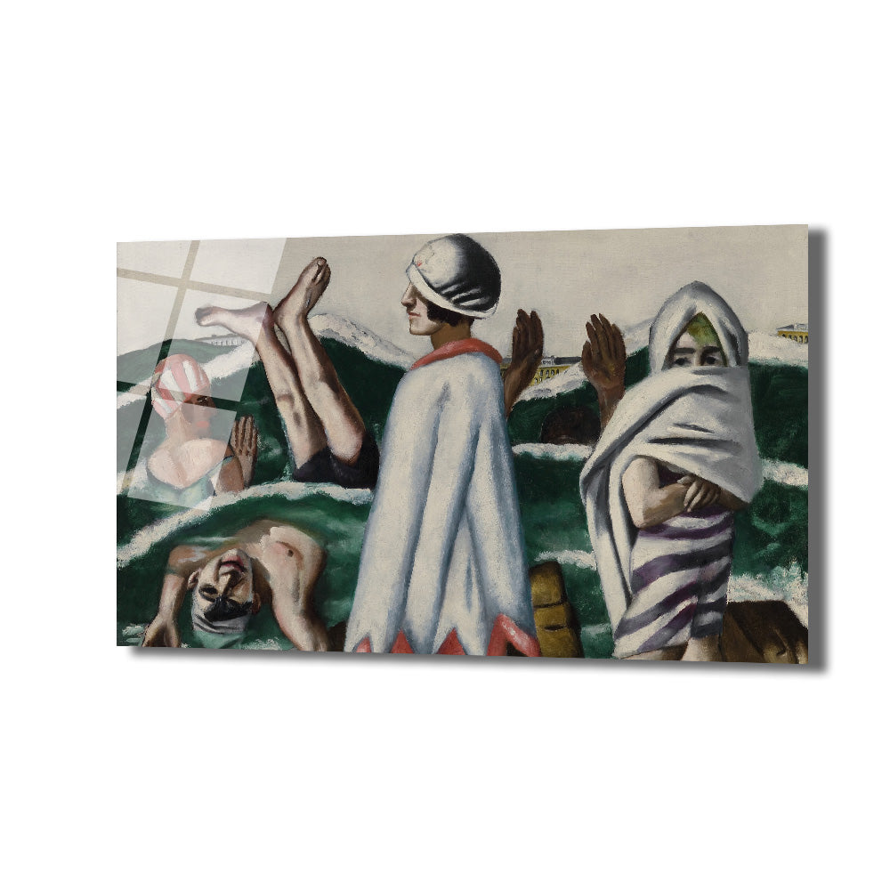 Suyun içinde ve kenarında duran, farklı pozlarda dört insan figürünün resmedildiği modern bir sanat eseri. Ortadaki figür beyaz bir pelerin ve bone ile ayakta, sağdaki figür havluya sarılmış çizgili mayosuyla duruyor, soldaki figürlerden biri suda baş aşağı, diğeri ise yüzüstü yatıyor. Arka planda yeşil dalgalar ve soluk renkli bir gökyüzü görülüyor.