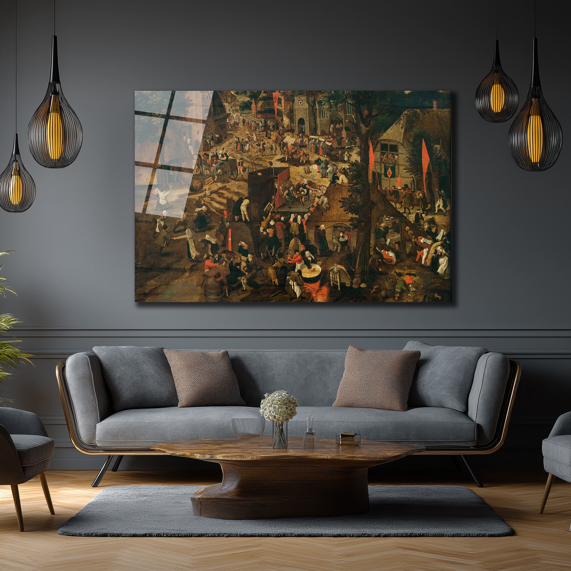 Bruegel Esintili Köy Şenliği Sanatı Cam Tablo