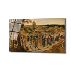 Bir köy yolunda yürüyen kalabalık figürleri, arkada yel değirmeni ve evlerin bulunduğu, Bruegel tarzı detaylı tarihi bir tablo.