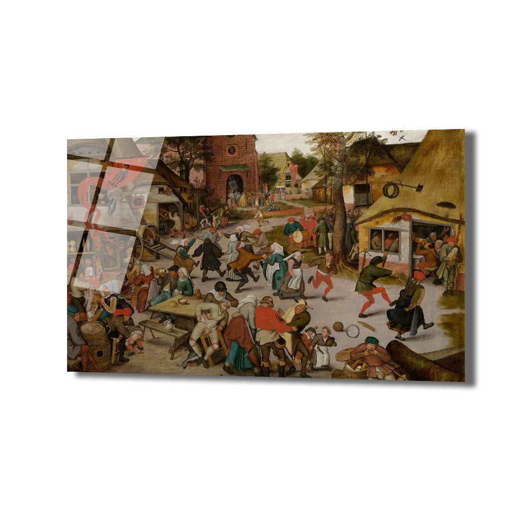 Pieter Bruegel'in 'Köylü Dansı' tablosu, kalabalık bir köy meydanında müzik eşliğinde dans eden, yemek yiyen ve sosyalleşen köylüleri gösteren canlı ve detaylı bir sahne.