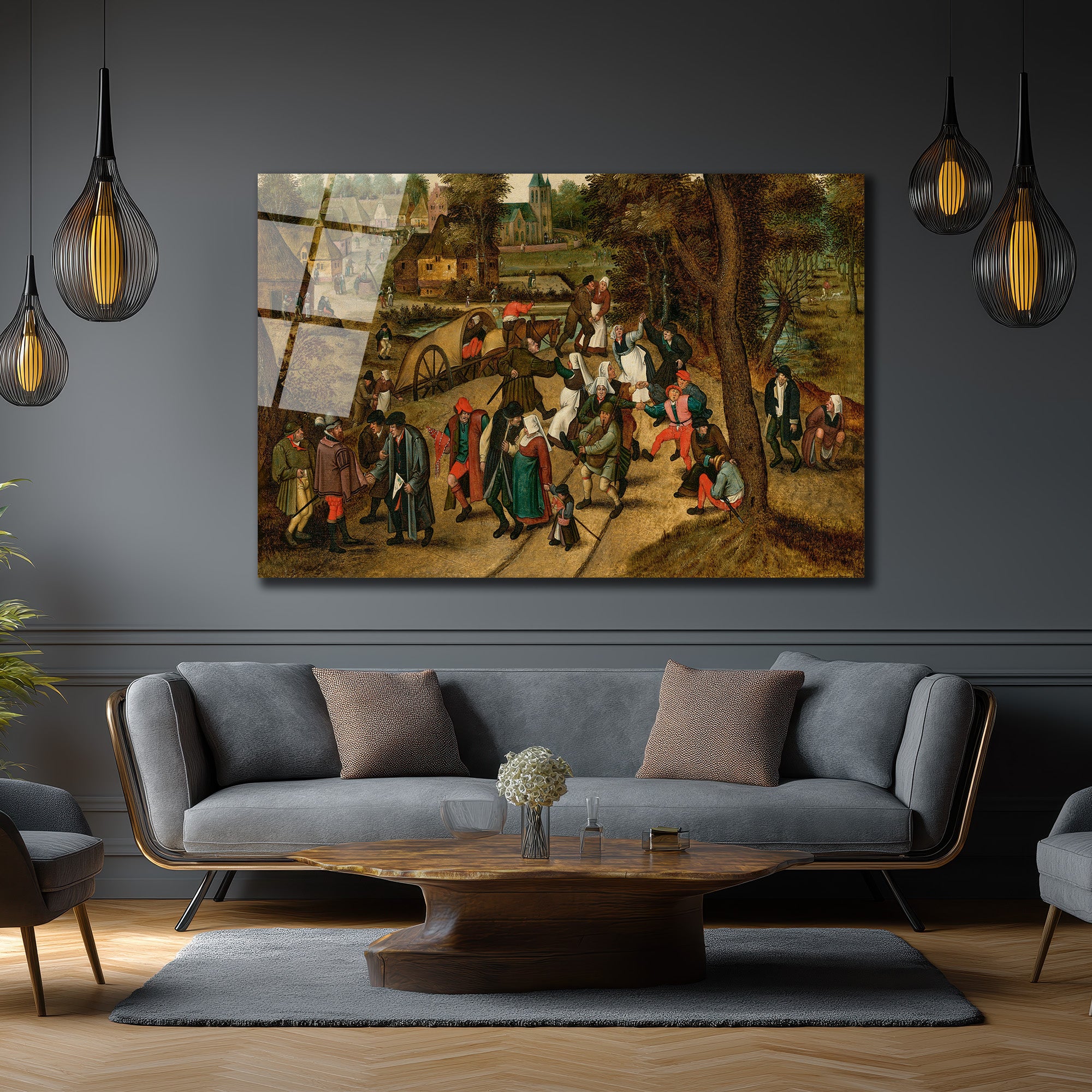 Bruegel Tarzı Köy Şenliği Cam Tablo - Canlı Tarihi Atmosfer