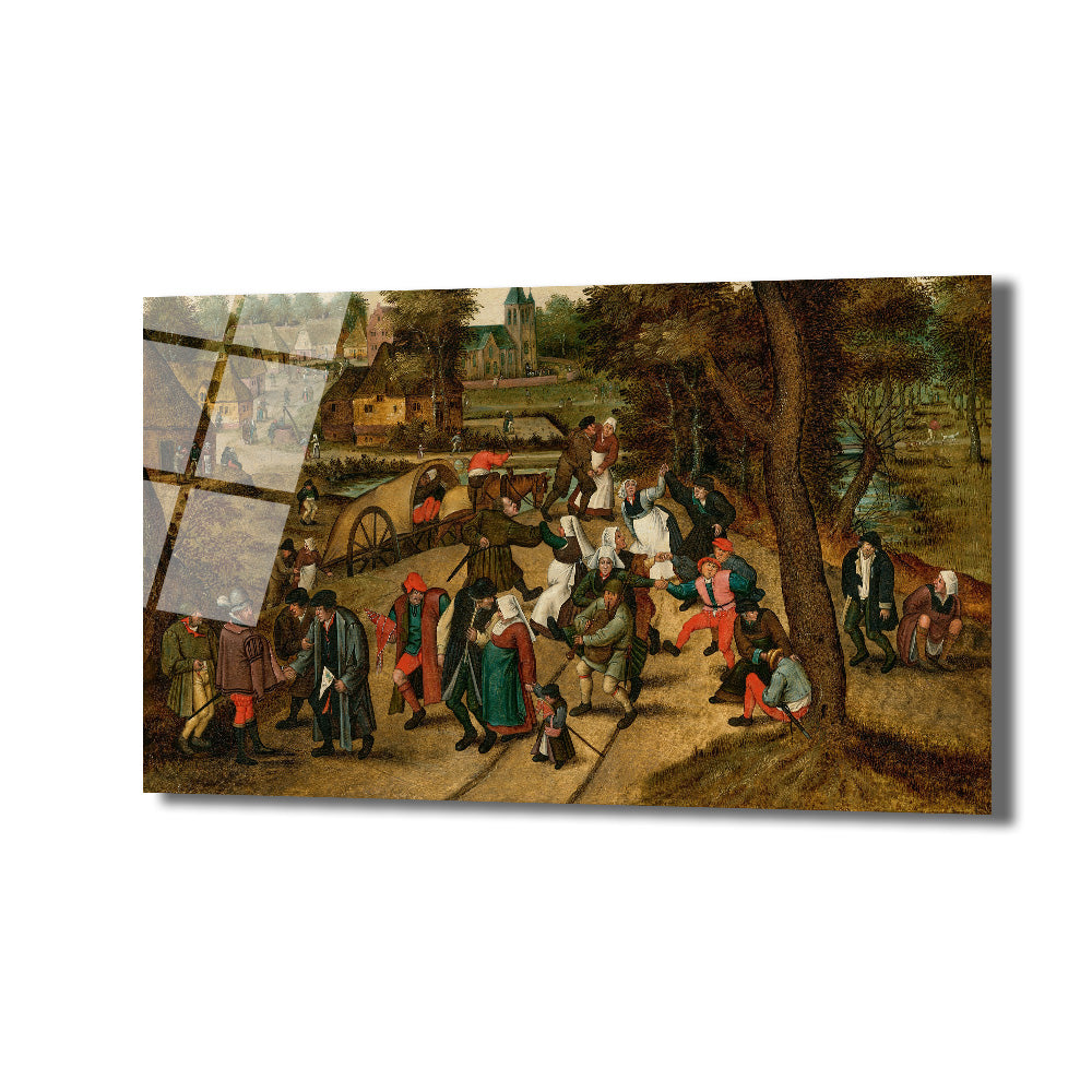 Pieter Bruegel'in tarzında, kalabalık bir köy şenliğini tasvir eden, insanların dans ettiği, konuştuğu, bir at arabası ve arka planda kilise ile evlerin bulunduğu, canlı renklerle dolu tarihi bir tablo.