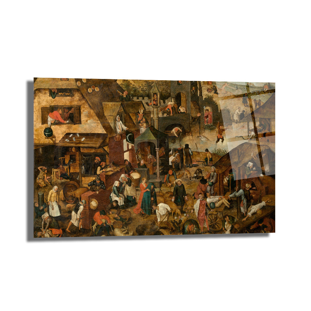 Bruegel Tarzı Hollanda Atasözleri Temalı Sanatsal Cam Tablo