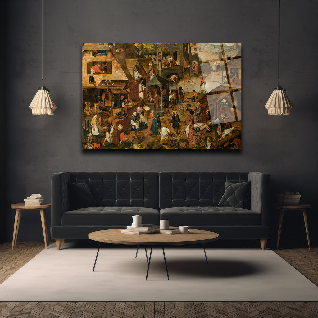 Bruegel Tarzı Hollanda Atasözleri Temalı Sanatsal Cam Tablo