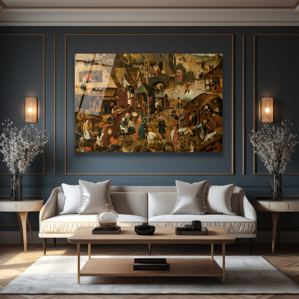 Bruegel Tarzı Hollanda Atasözleri Temalı Sanatsal Cam Tablo