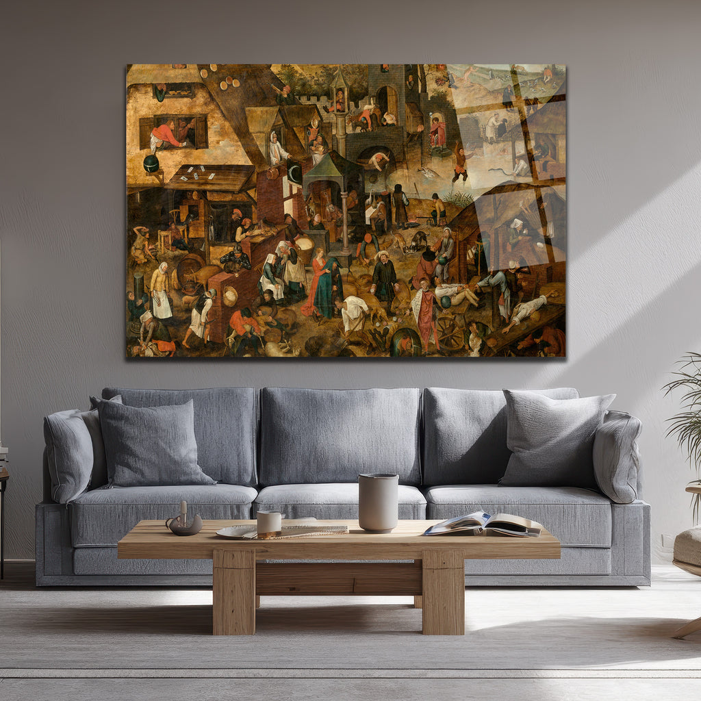 Bruegel Tarzı Hollanda Atasözleri Temalı Sanatsal Cam Tablo
