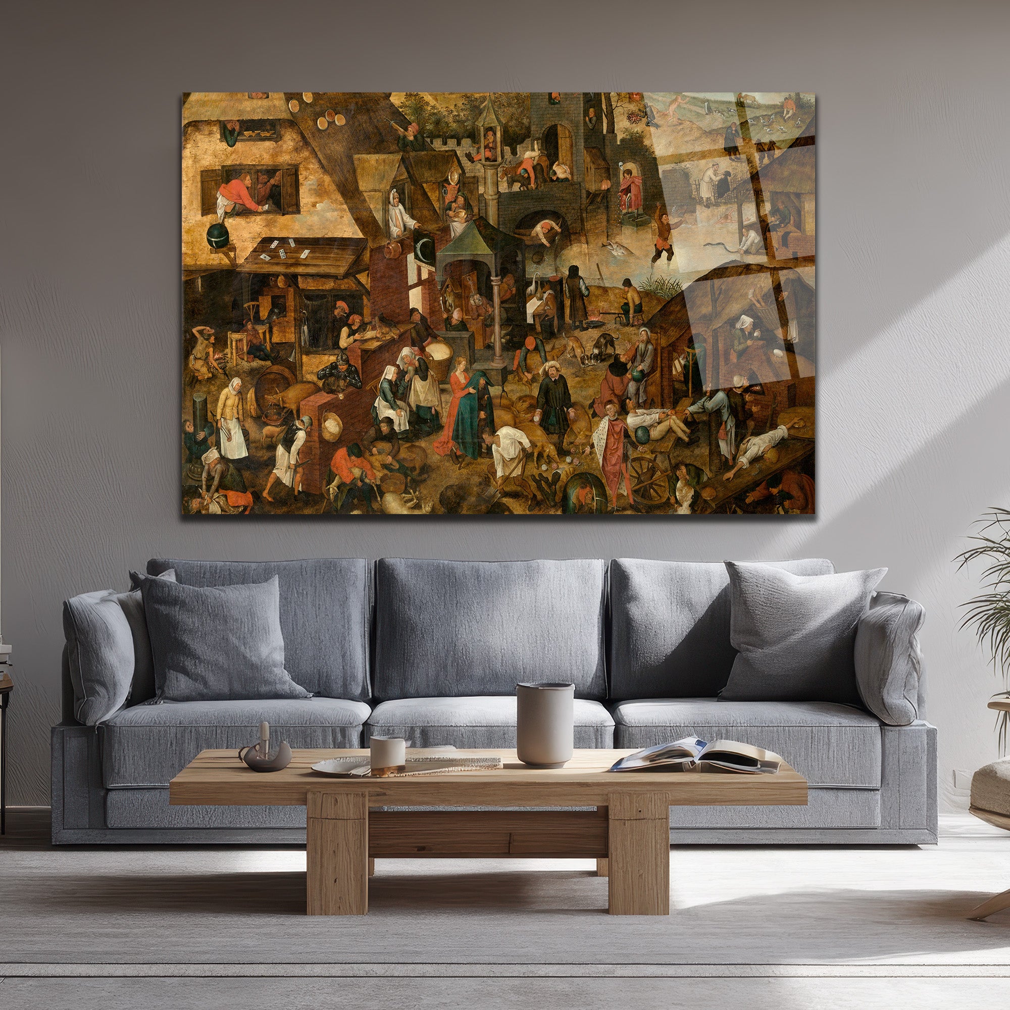 Bruegel Tarzı Hollanda Atasözleri Temalı Sanatsal Cam Tablo