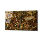 Pieter Bruegel'in Hollanda Atasözleri tablosundan esinlenilmiş, birçok figürün ve mizahi sahnenin yer aldığı, karmaşık ve detaylı bir köy yaşamı betimlemesi. Kahverengi, yeşil, kırmızı ve mavi tonların hakim olduğu, hareketli bir kompozisyon.
