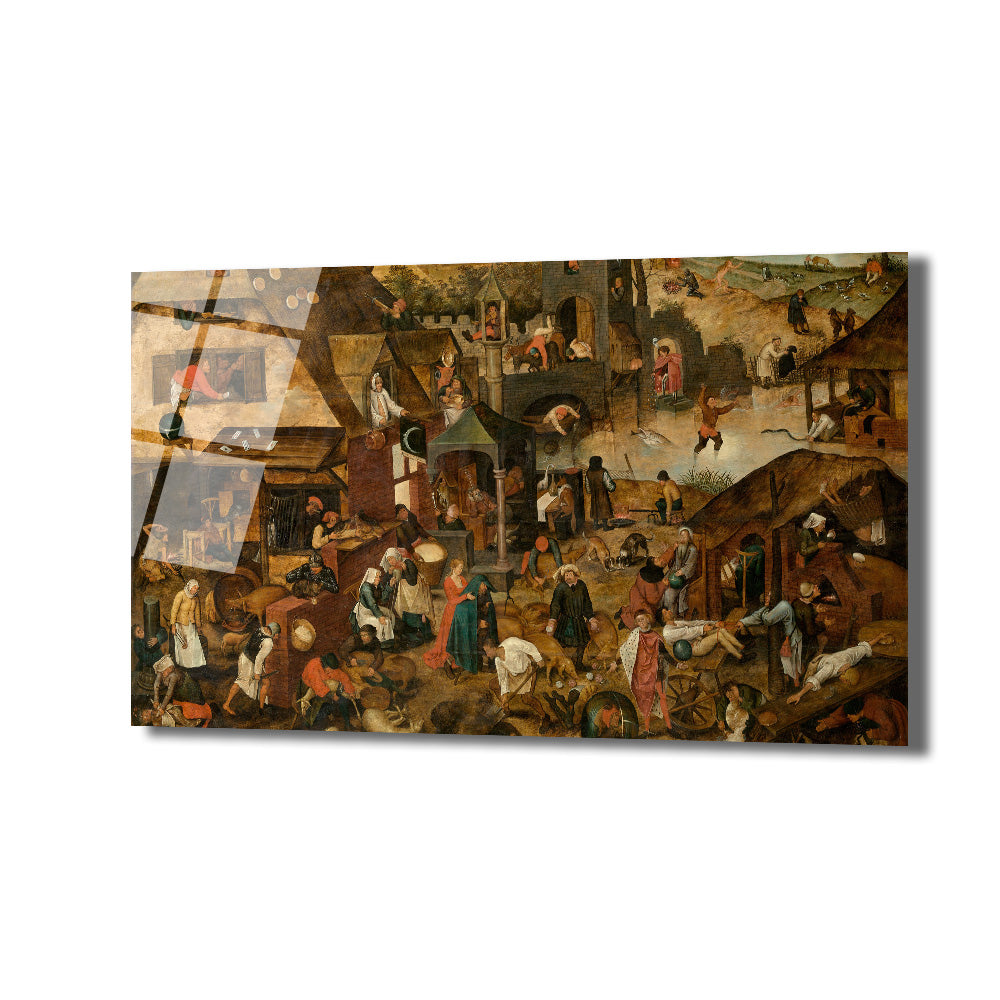 Pieter Bruegel'in Hollanda Atasözleri tablosundan esinlenilmiş, birçok figürün ve mizahi sahnenin yer aldığı, karmaşık ve detaylı bir köy yaşamı betimlemesi. Kahverengi, yeşil, kırmızı ve mavi tonların hakim olduğu, hareketli bir kompozisyon.