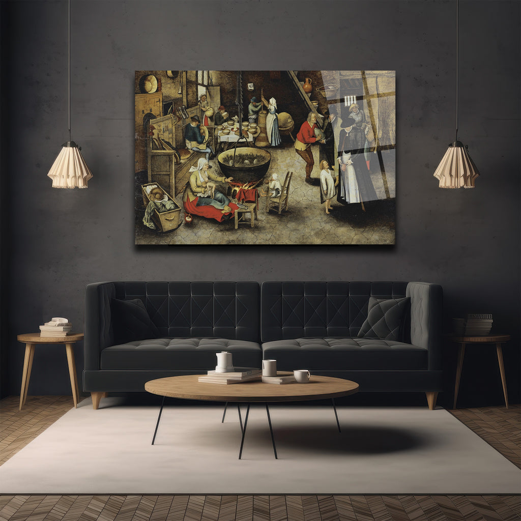 Bruegel Tarzı Köylü Yaşamı Temalı Sanatsal Cam Tablo