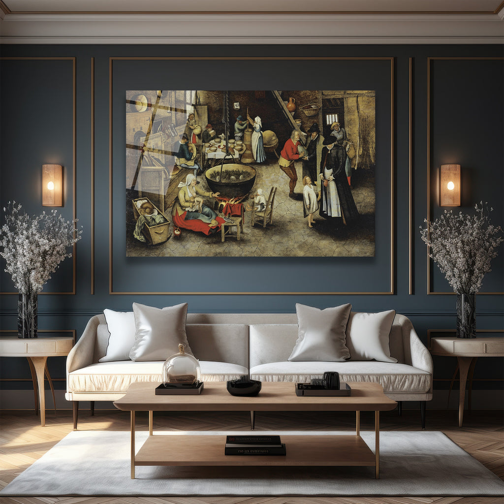 Bruegel Tarzı Köylü Yaşamı Temalı Sanatsal Cam Tablo