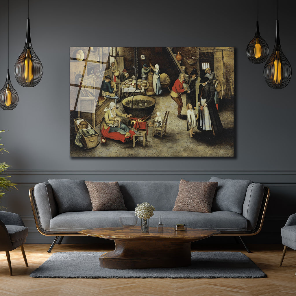 Bruegel Tarzı Köylü Yaşamı Temalı Sanatsal Cam Tablo
