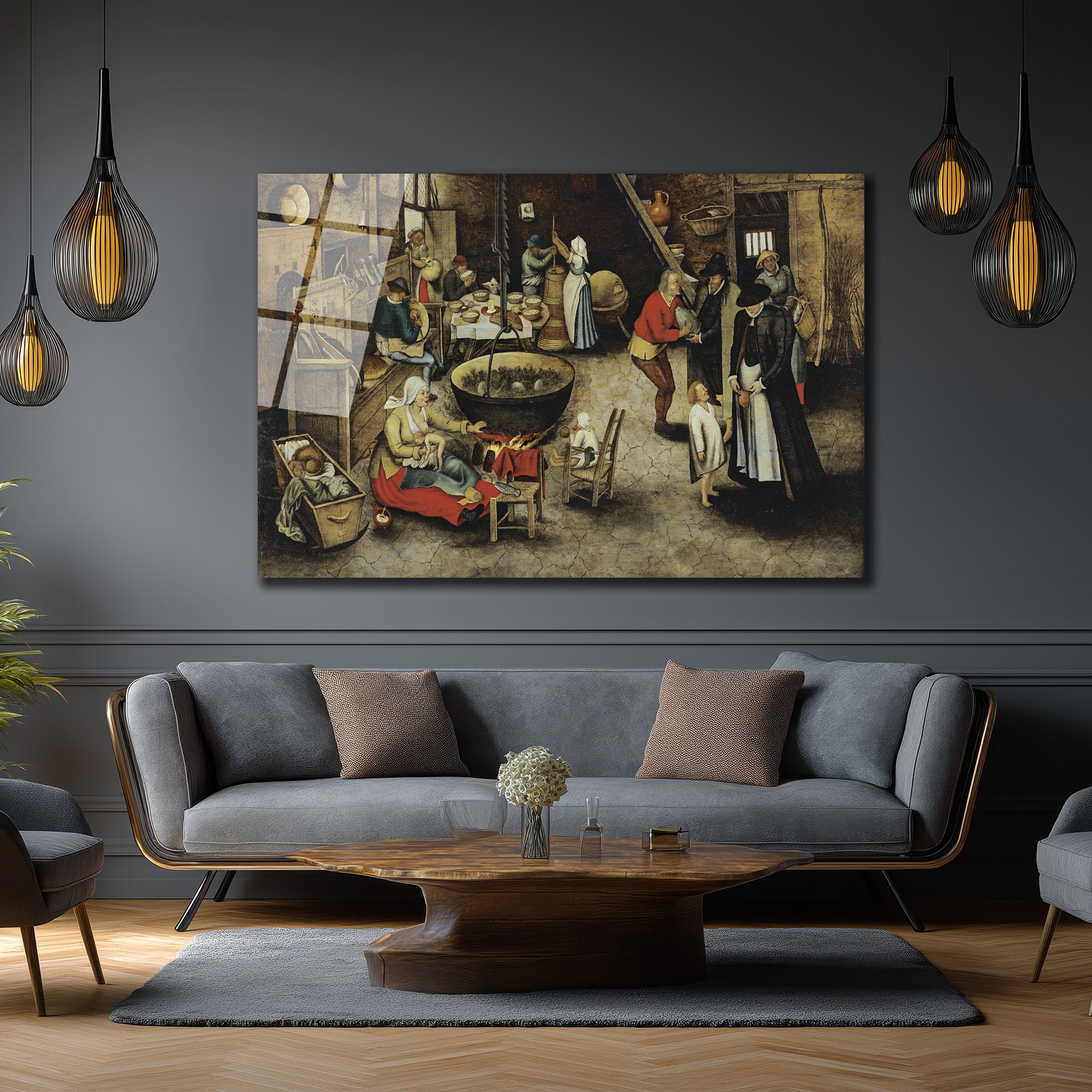 Bruegel Tarzı Köylü Yaşamı Temalı Sanatsal Cam Tablo