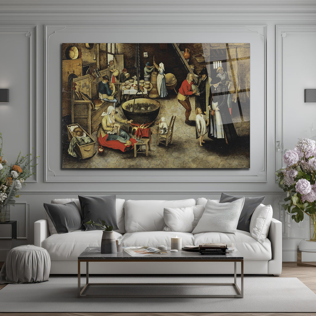Bruegel Tarzı Köylü Yaşamı Temalı Sanatsal Cam Tablo