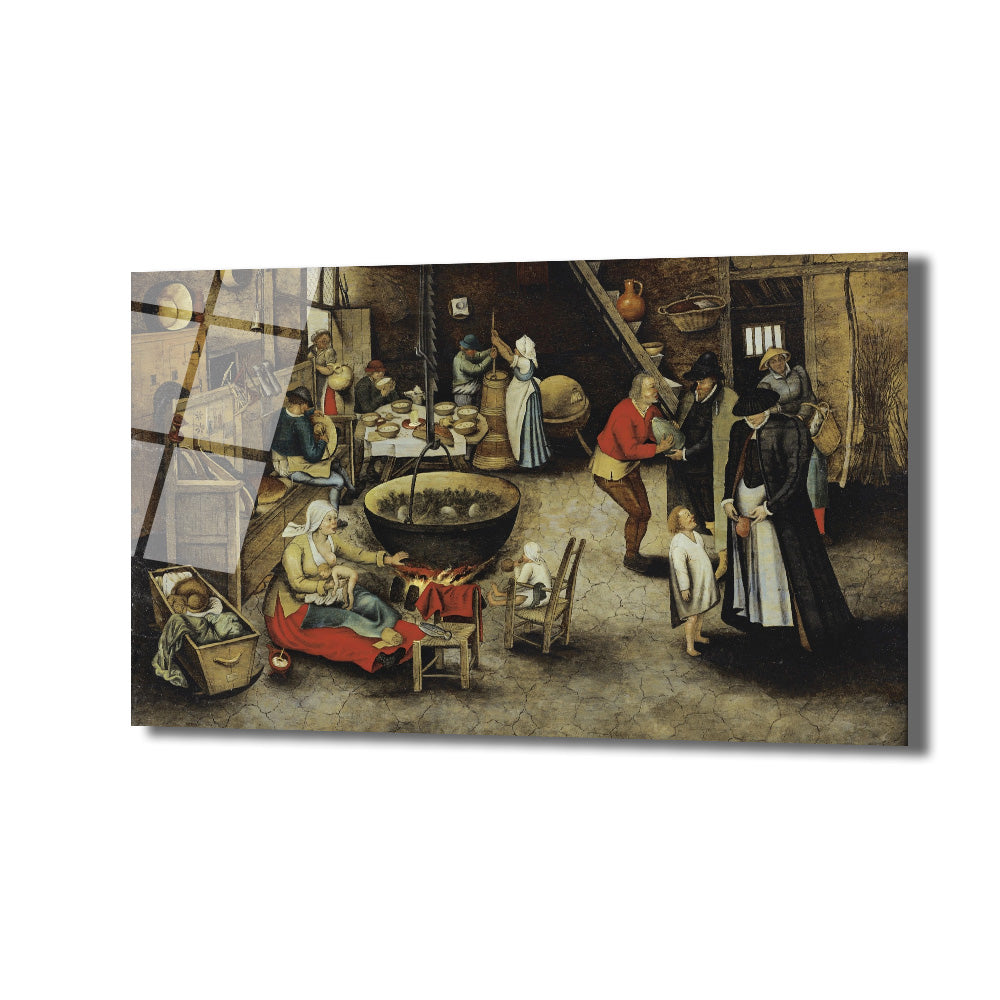 Bruegel tarzı bir resim, bir evin içinde yemek yiyen, bebek emziren, yemek pişiren ve sosyalleşen köylüleri gösteren kalabalık ve hareketli bir sahne. Sol tarafta beşik, ortada büyük kazan ve sağda ayakta duran figürler. Resim, günlük yaşamın detaylarını ve renkli kostümleriyle tarihi bir atmosfer sunar.