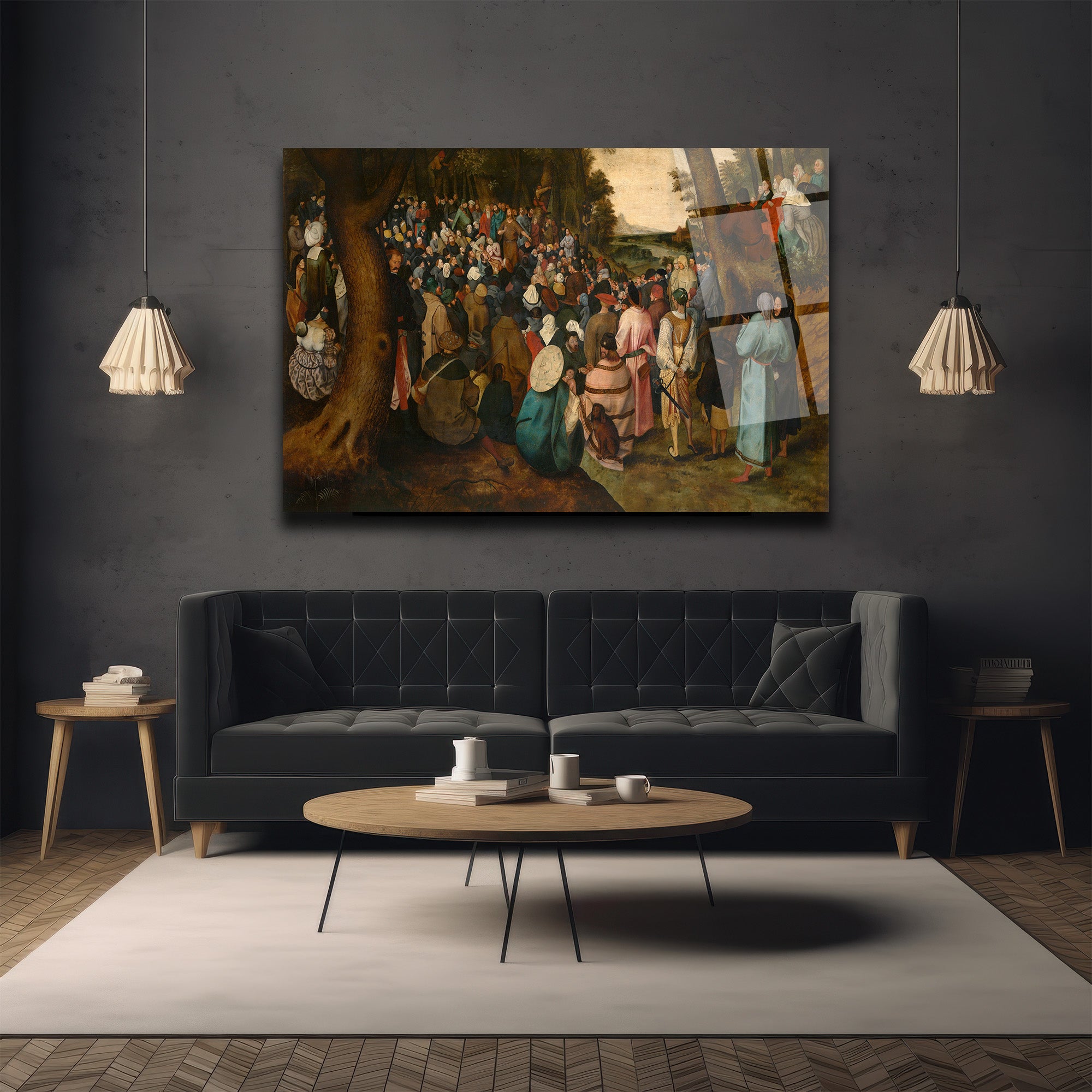 Bruegel Tarzı Kalabalık Vaaz Sahnesi Cam Tablo - Sanatsal Duvar Dekoru