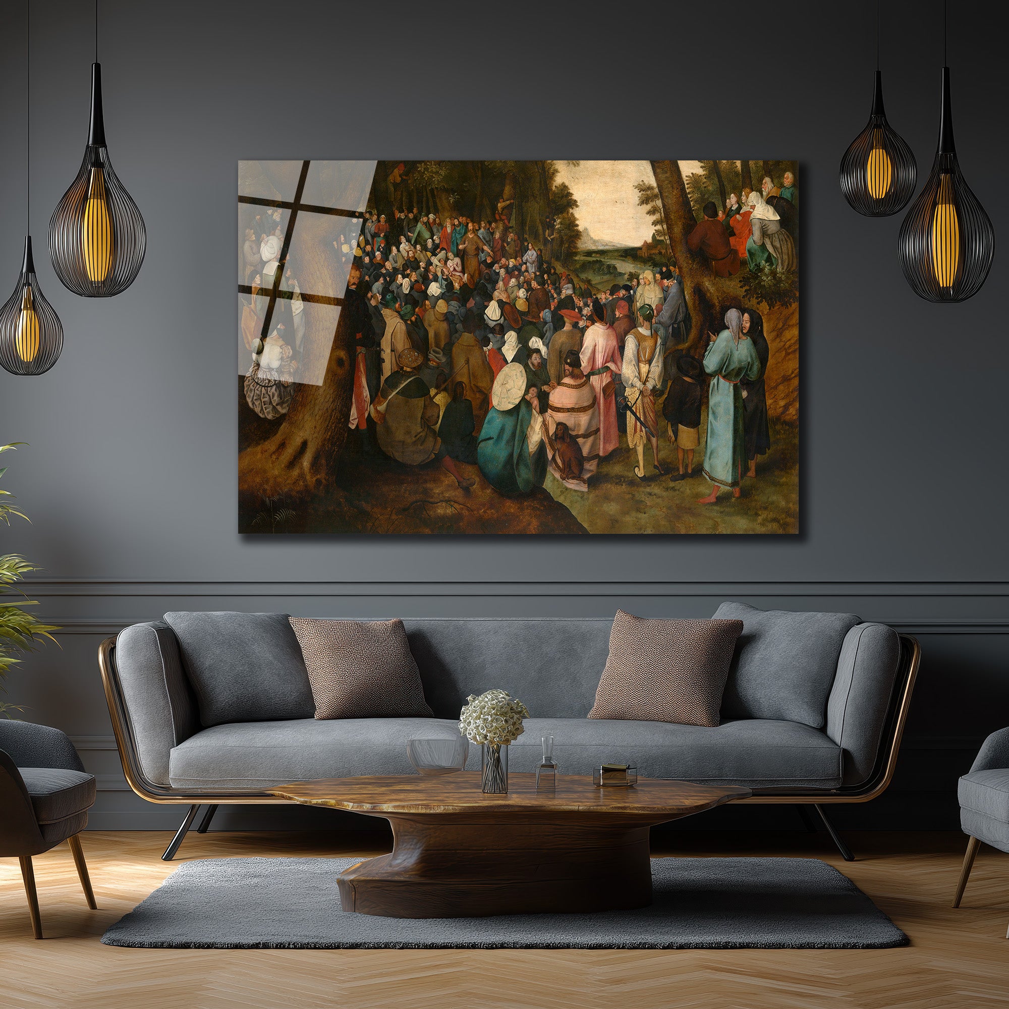 Bruegel Tarzı Kalabalık Vaaz Sahnesi Cam Tablo - Sanatsal Duvar Dekoru