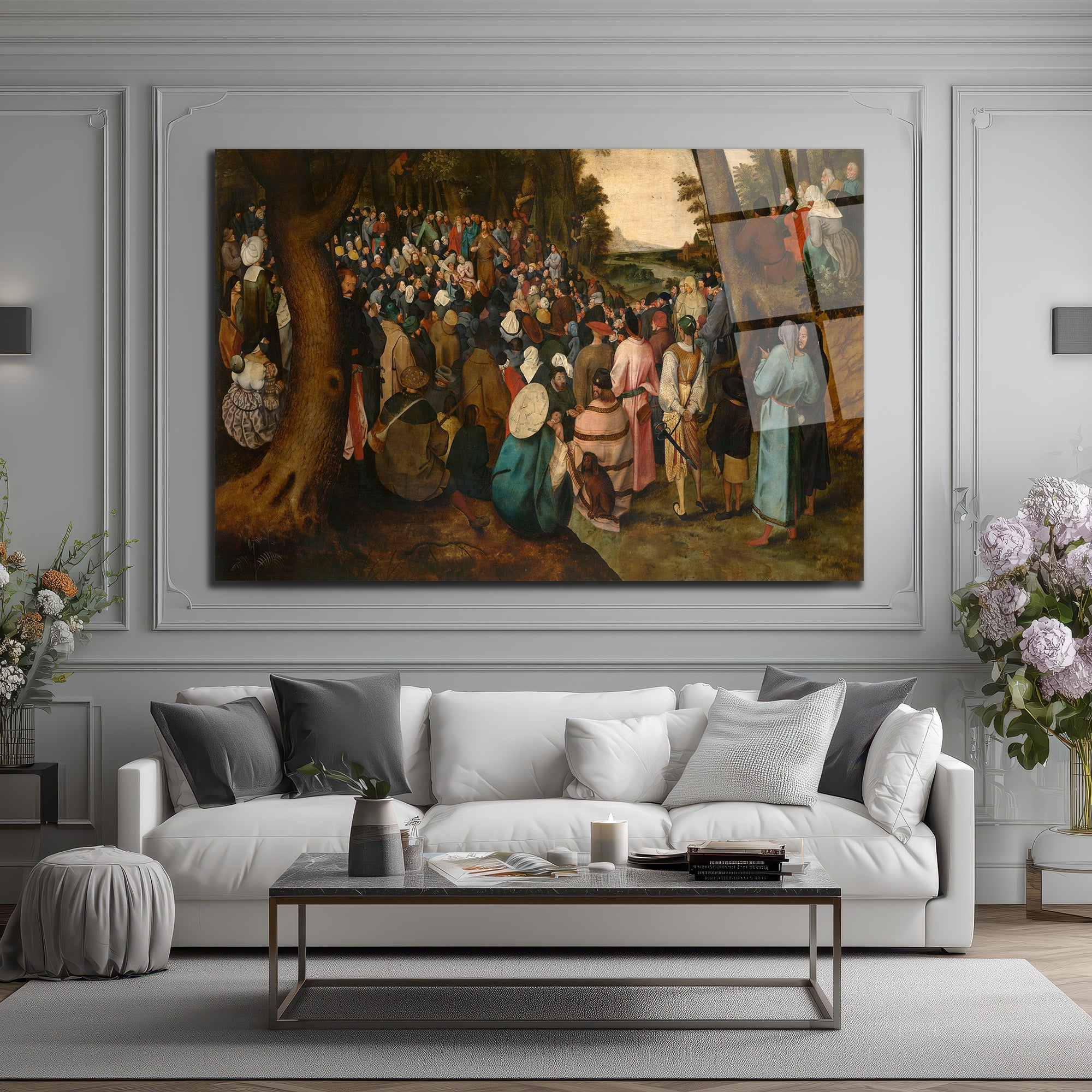 Bruegel Tarzı Kalabalık Vaaz Sahnesi Cam Tablo - Sanatsal Duvar Dekoru