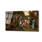 Pieter Bruegel tarzında, ormanlık bir alanda toplanmış kalabalık bir insan grubunun bir vaizi dinlediği klasik bir tablo. Figürler dönemin kıyafetlerini giyiyor, sahne genel olarak kahverengi, yeşil ve toprak tonlarında.