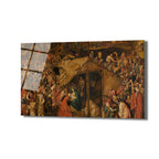 Pieter Bruegel'in kalabalık ve detaylı bir doğuş sahnesini betimlediği, birçok figürün ve hayvanın yer aldığı, kahverengi, kırmızı ve yeşil tonların hakim olduğu klasik sanat eseri cam tablo.