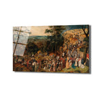 Piyer Bruegel tarzında, kalabalık bir şehir ve köy manzarasında, birçok insanın farklı aktivitelerle meşgul olduğu, tepede çarmıhların görüldüğü, zengin detaylı, kahverengi ve yeşil tonların hakim olduğu tarihi bir tablo.