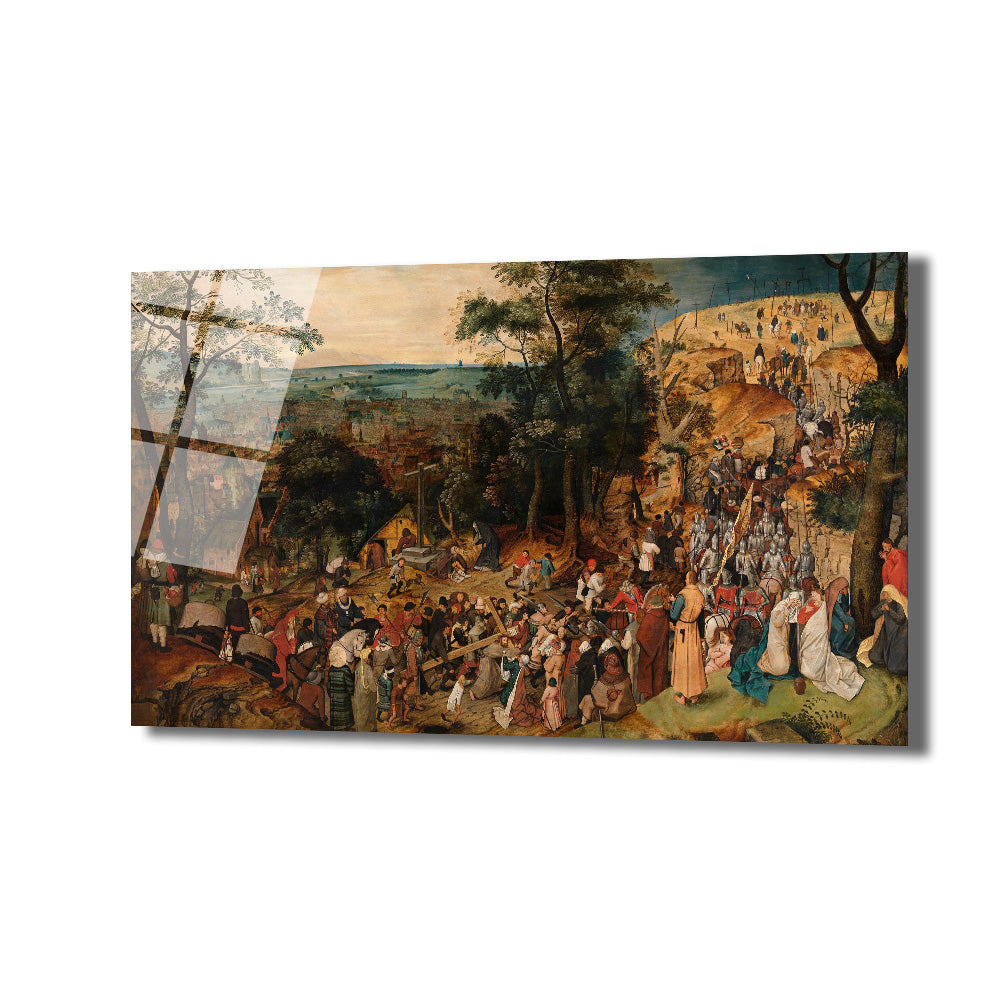 Piyer Bruegel tarzında, kalabalık bir şehir ve köy manzarasında, birçok insanın farklı aktivitelerle meşgul olduğu, tepede çarmıhların görüldüğü, zengin detaylı, kahverengi ve yeşil tonların hakim olduğu tarihi bir tablo.